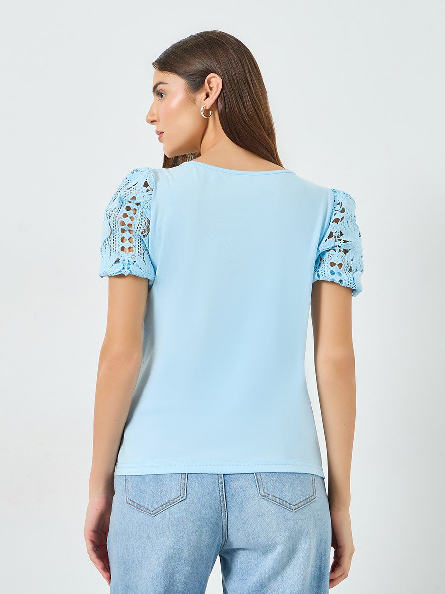 Blue Solid Asymmetric Neck Hollow Puff Sleeve Top
