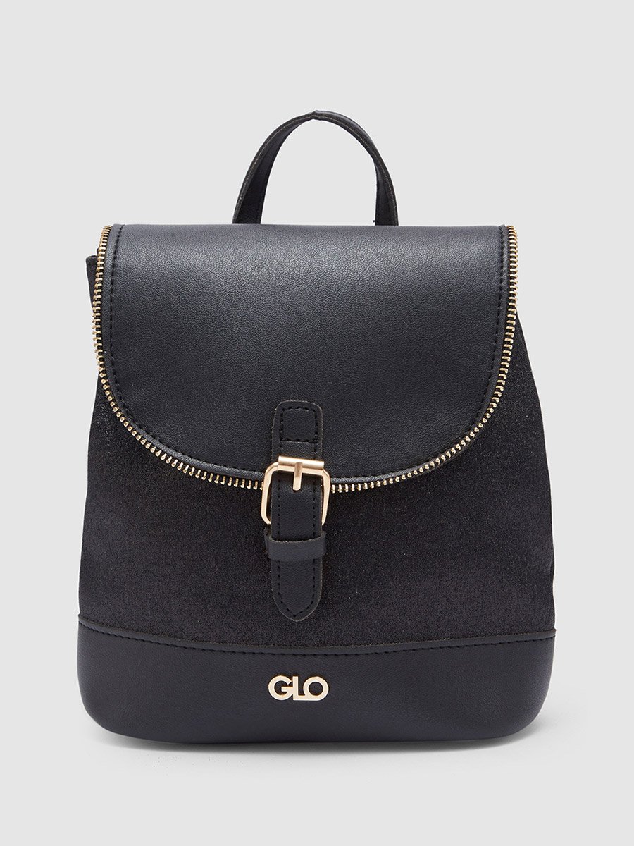 Black Textured Faux Leather Backpack