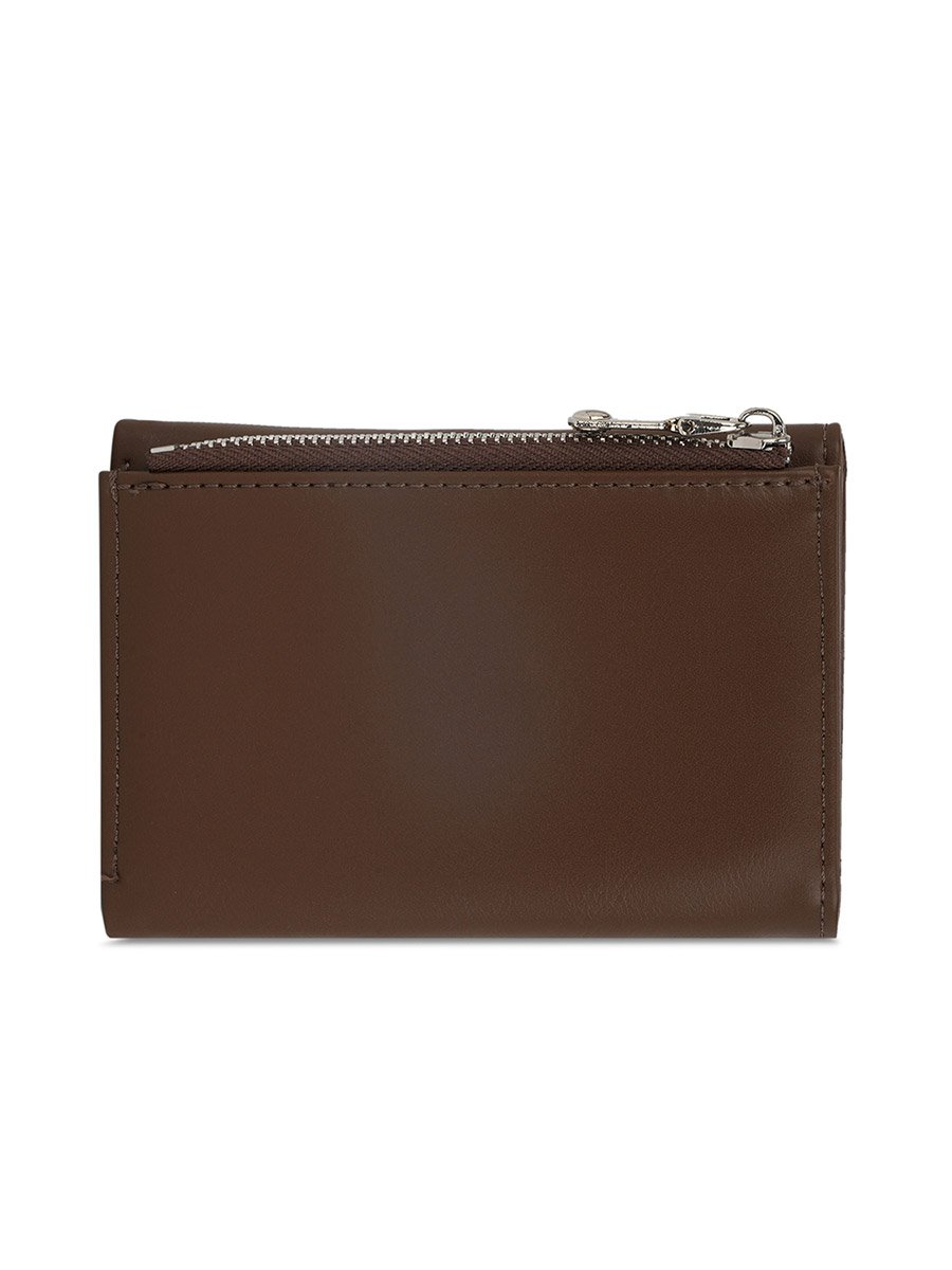 Brown Textured Tri-Fold Wallet with Zip Coin Pocket
