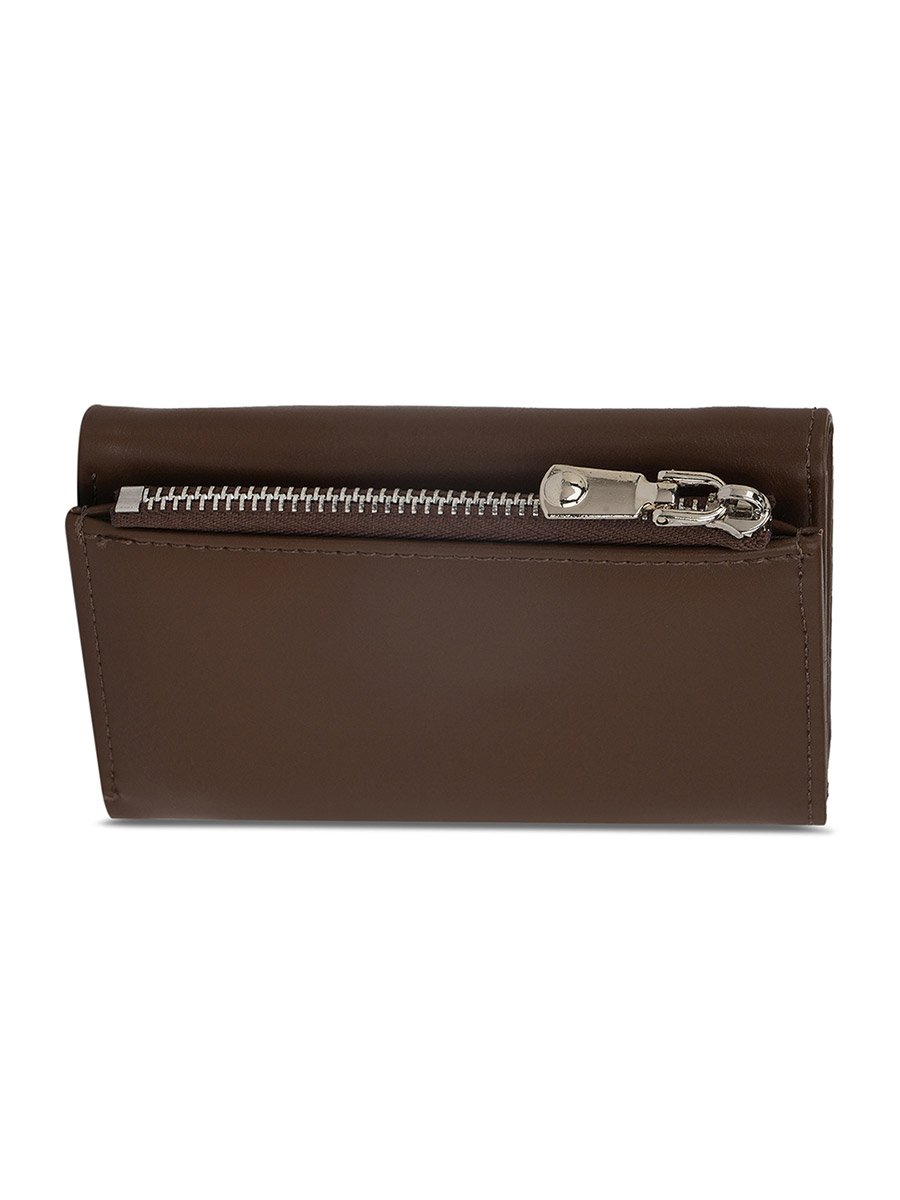 Brown Textured Tri-Fold Wallet with Zip Coin Pocket