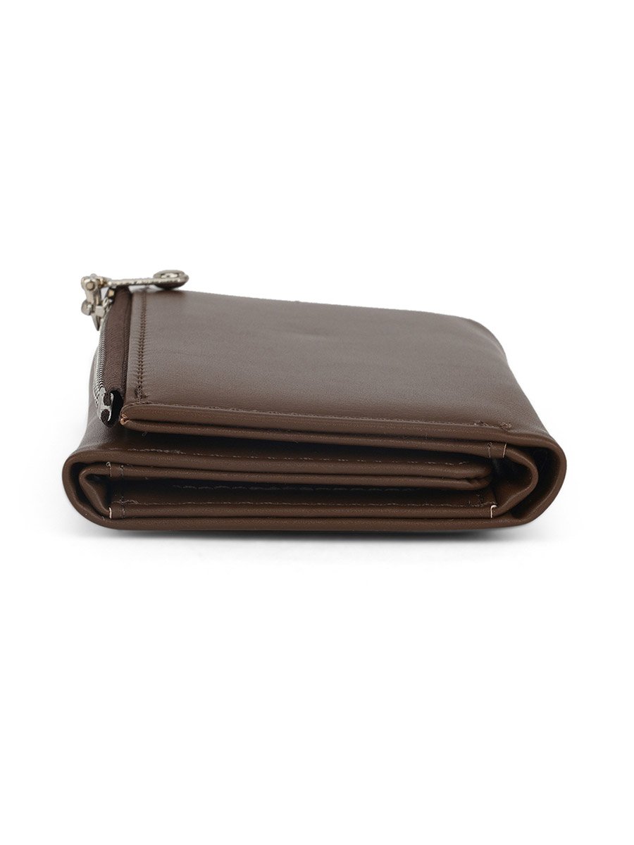 Brown Textured Tri-Fold Wallet with Zip Coin Pocket