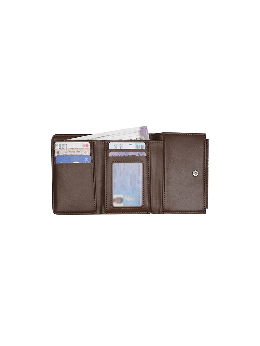 Brown Textured Tri-Fold Wallet with Zip Coin Pocket