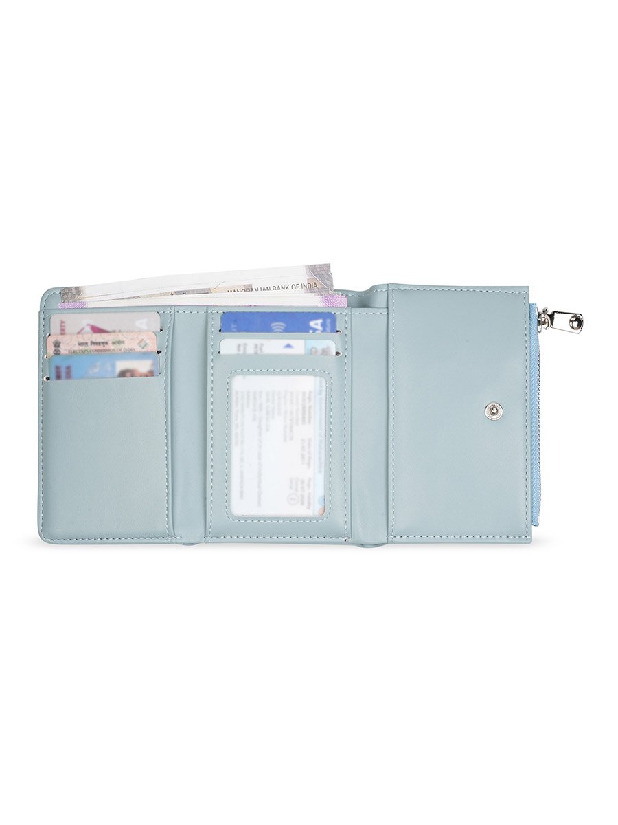 Blue Textured Tri-Fold Wallet with Zip Coin Pocket