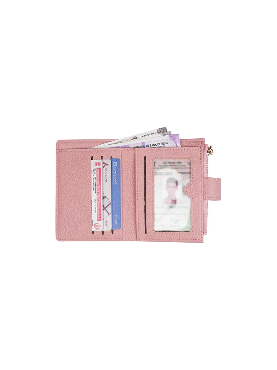 Pink Textured Bi-Fold Wallet with Zip Coin Pocket