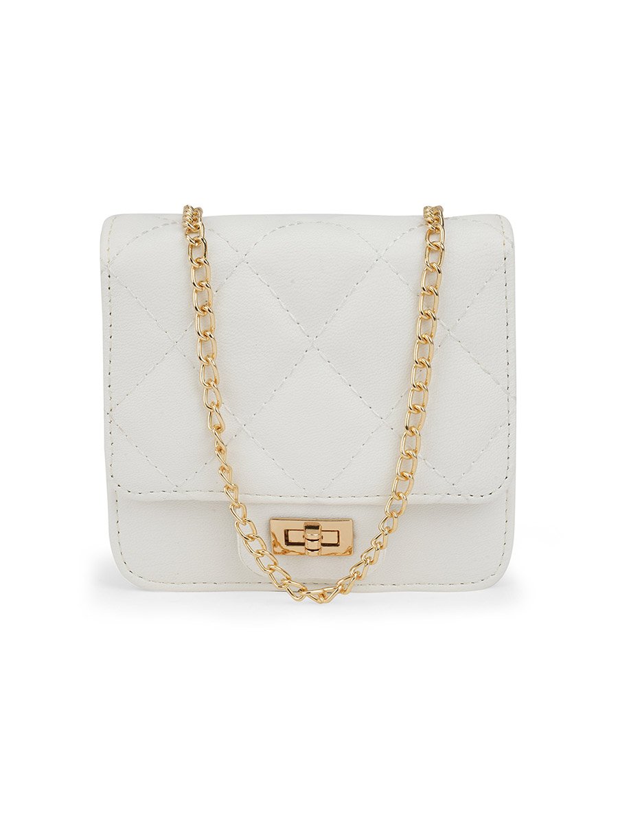 White Puffed Quilted Twist Lock Crossbody Bag