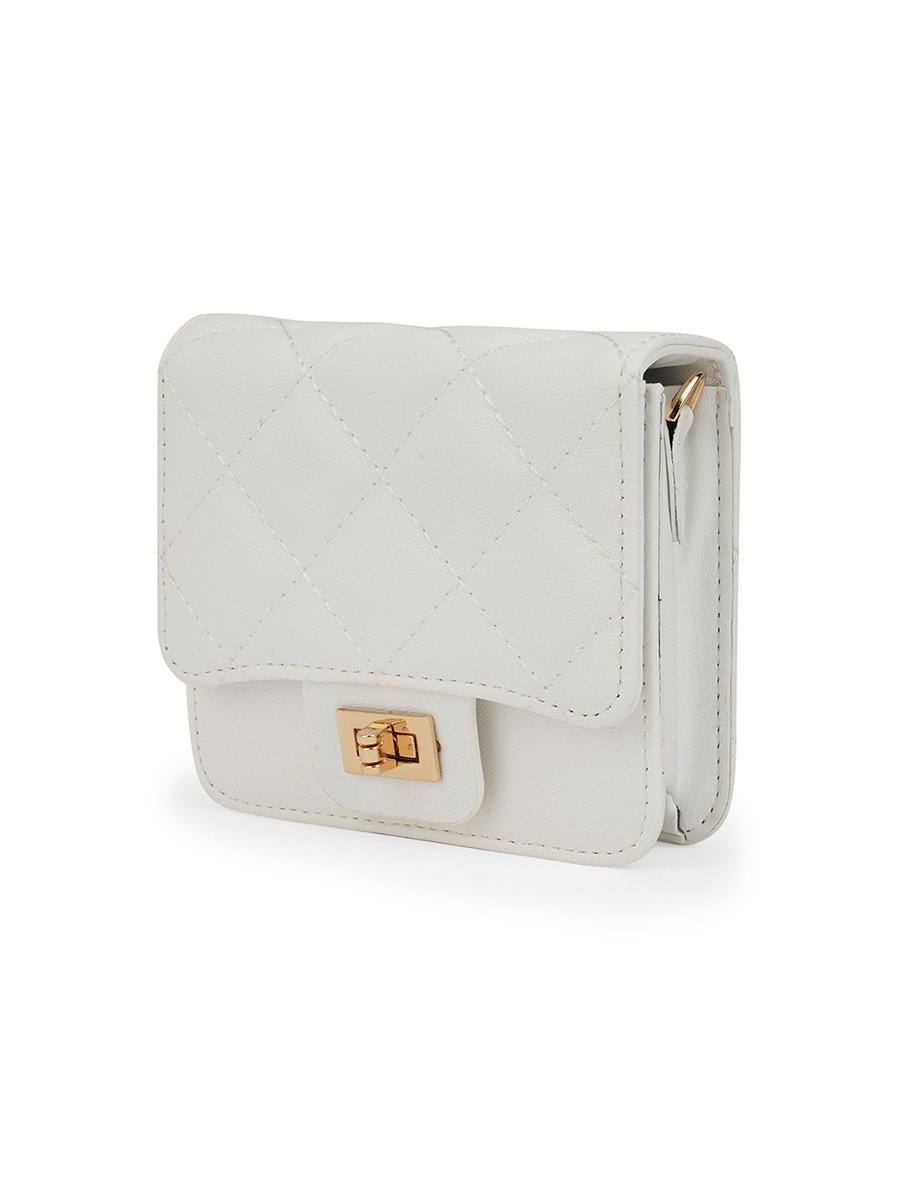 White Puffed Quilted Twist Lock Crossbody Bag