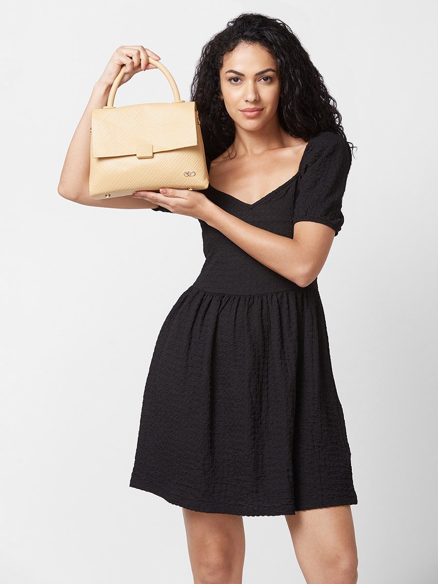 Khaki Textured Handbag with Top Handle