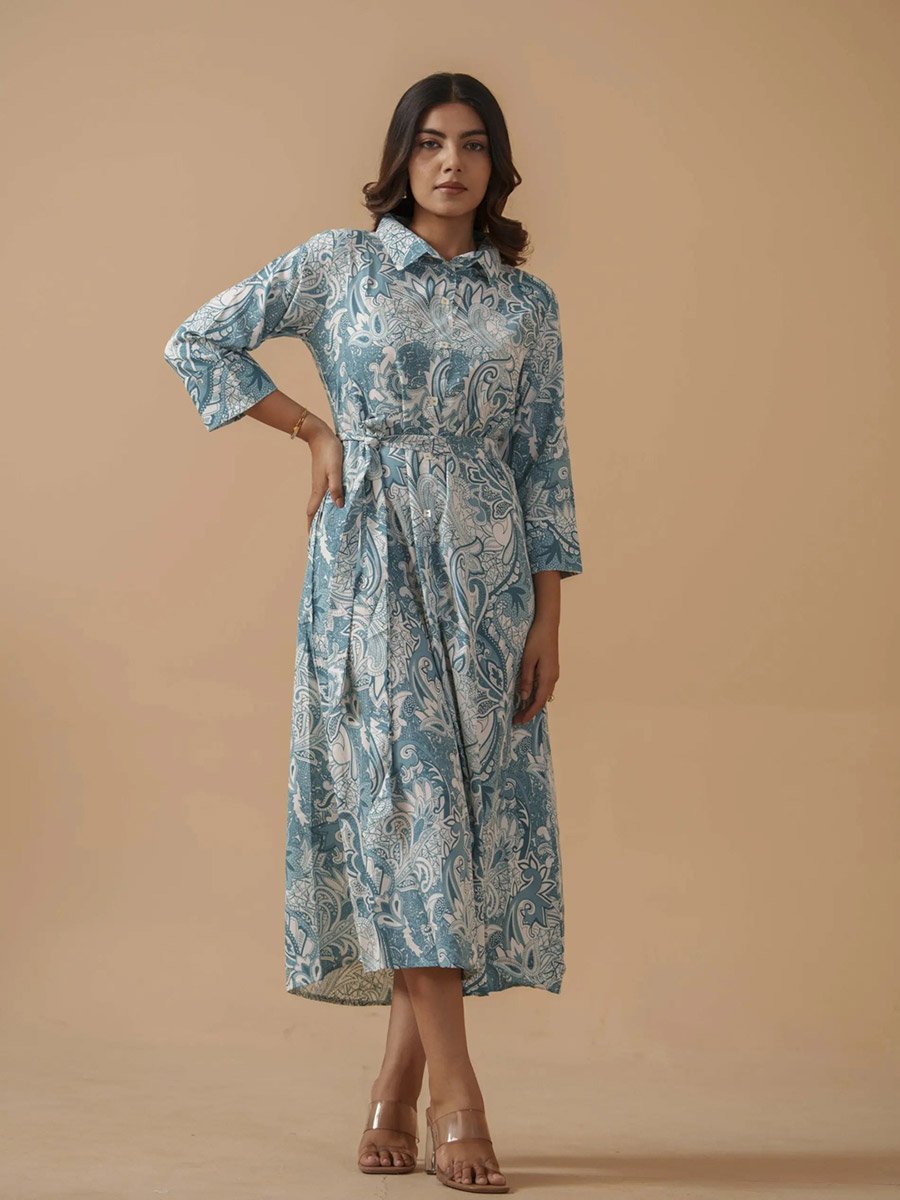 Sky Blue Crepe Paisley Printed Ethnic Midi Dress