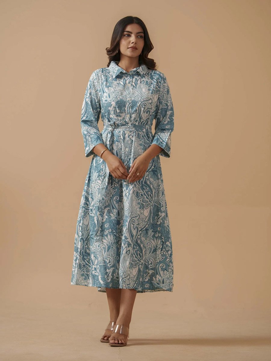 Sky Blue Crepe Paisley Printed Ethnic Midi Dress