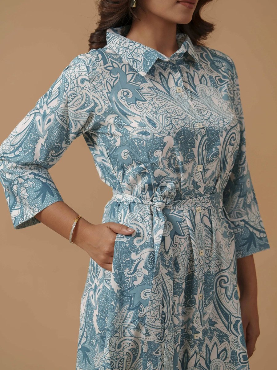 Sky Blue Crepe Paisley Printed Ethnic Midi Dress