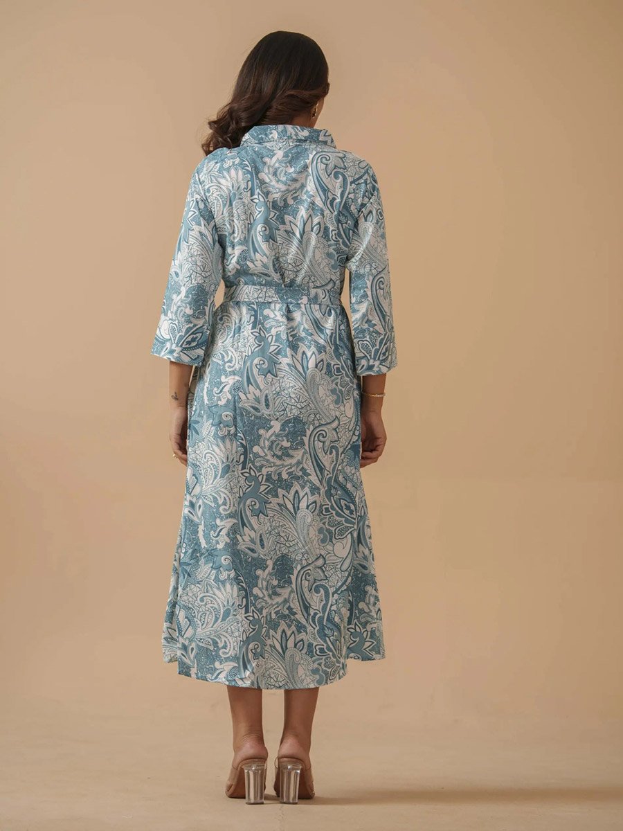 Sky Blue Crepe Paisley Printed Ethnic Midi Dress