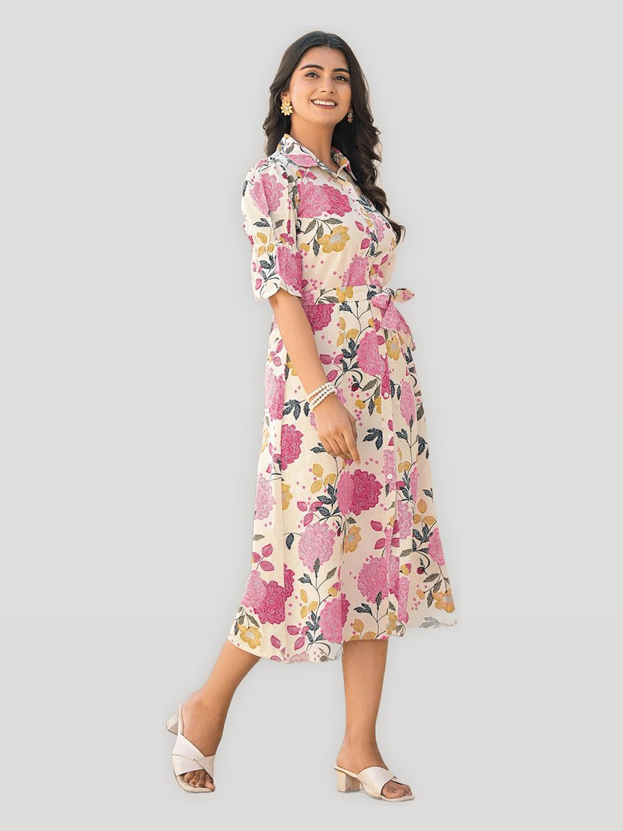 Pink Floral Printed Cotton Belted Midi Dress