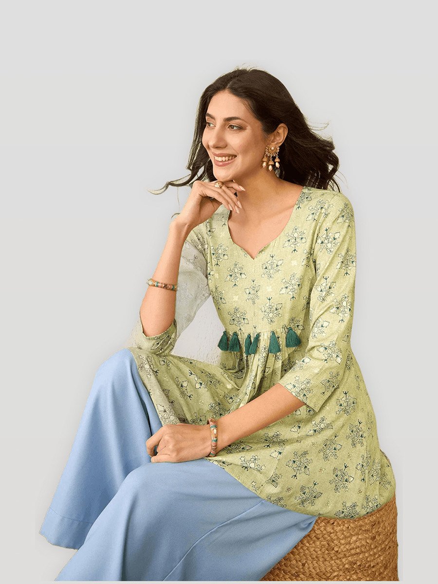 Green Rayon Floral Printed Peplum Top