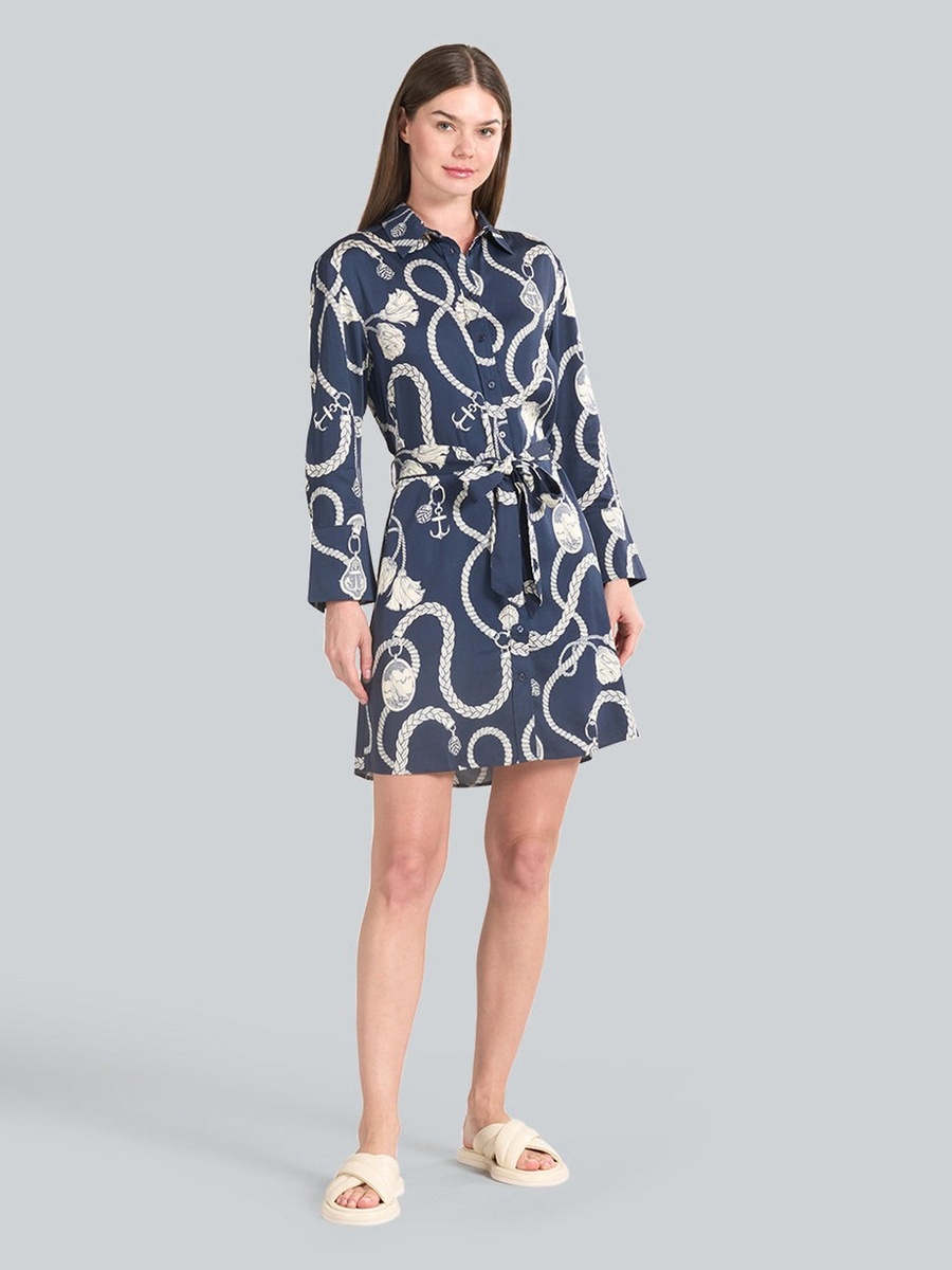 Blue Sailing Print Shirt Mini Dress
