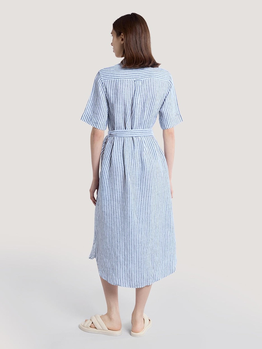 Blue Striped Linen Shirt Midi Dress