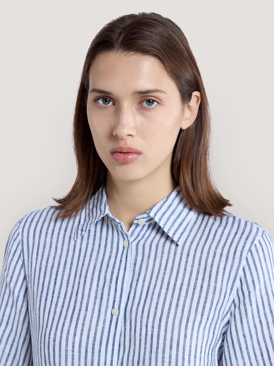 Blue Striped Linen Shirt Midi Dress