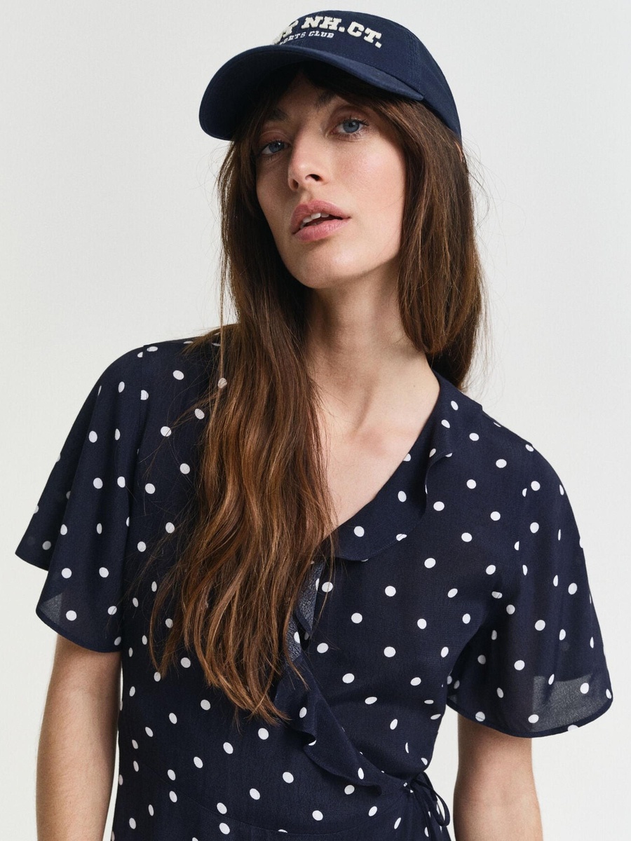 Navy Blue Polka Dot Print Frill Mini Dress