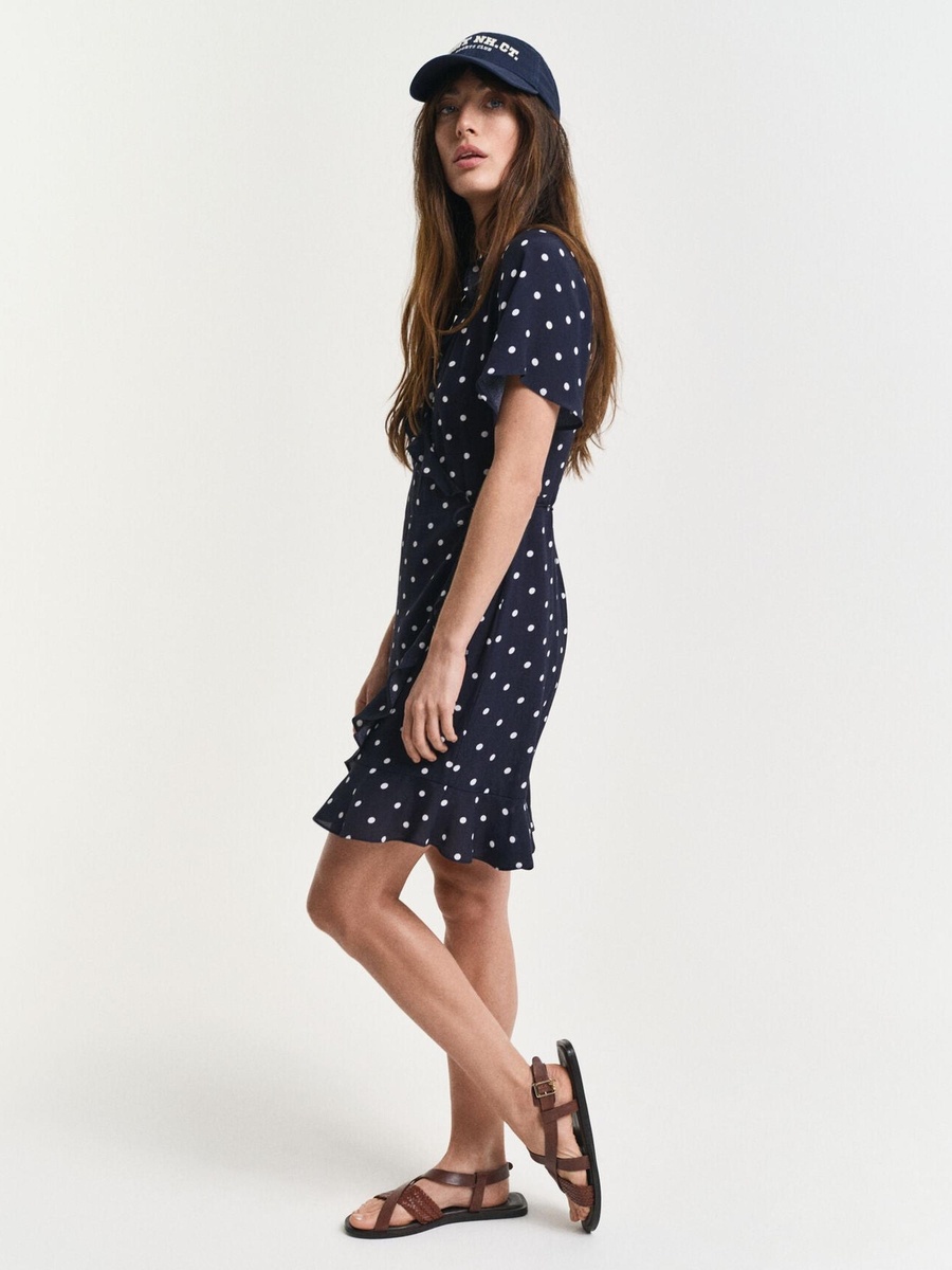 Navy Blue Polka Dot Print Frill Mini Dress