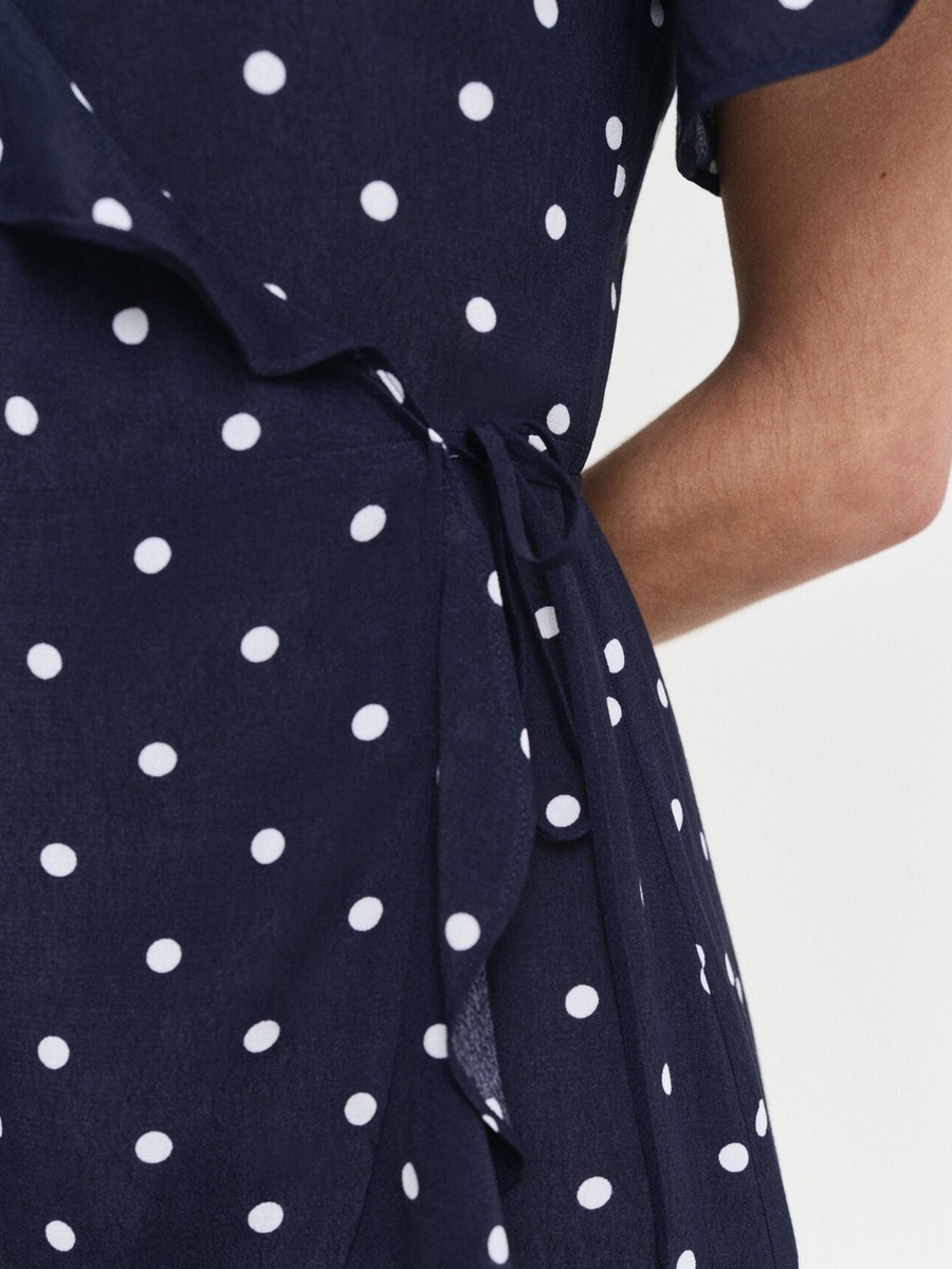 Navy Blue Polka Dot Print Frill Mini Dress