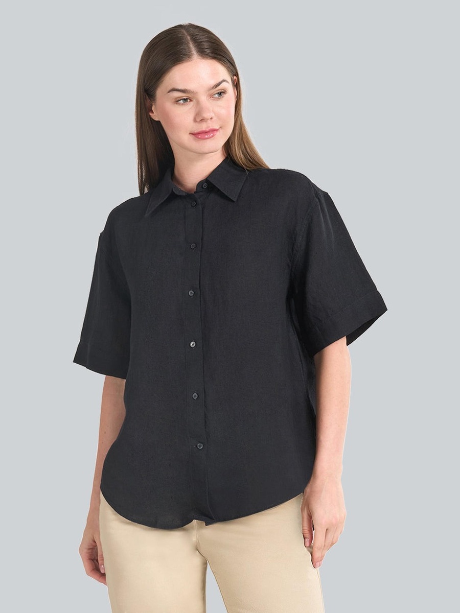 Black Linen Relaxed Fit Short Sleeve Shirt