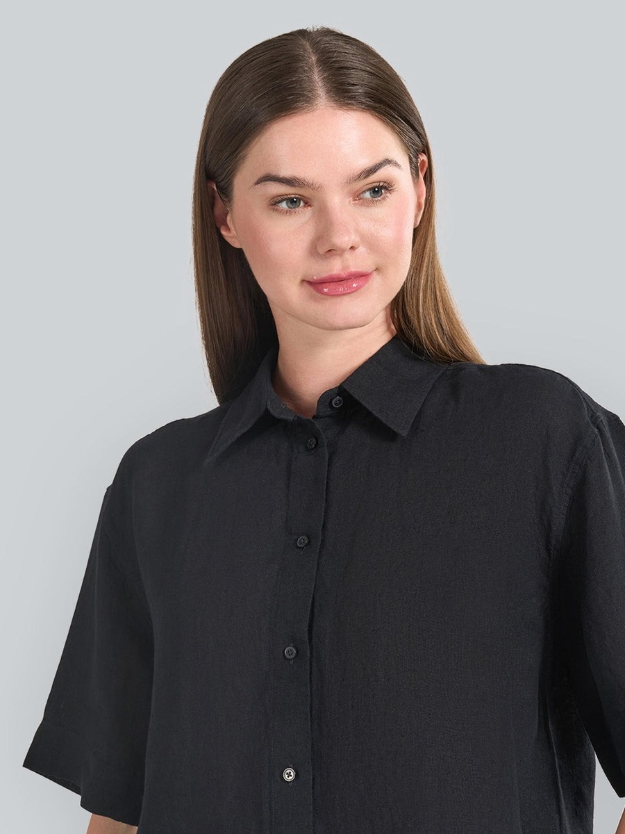 Black Linen Relaxed Fit Short Sleeve Shirt