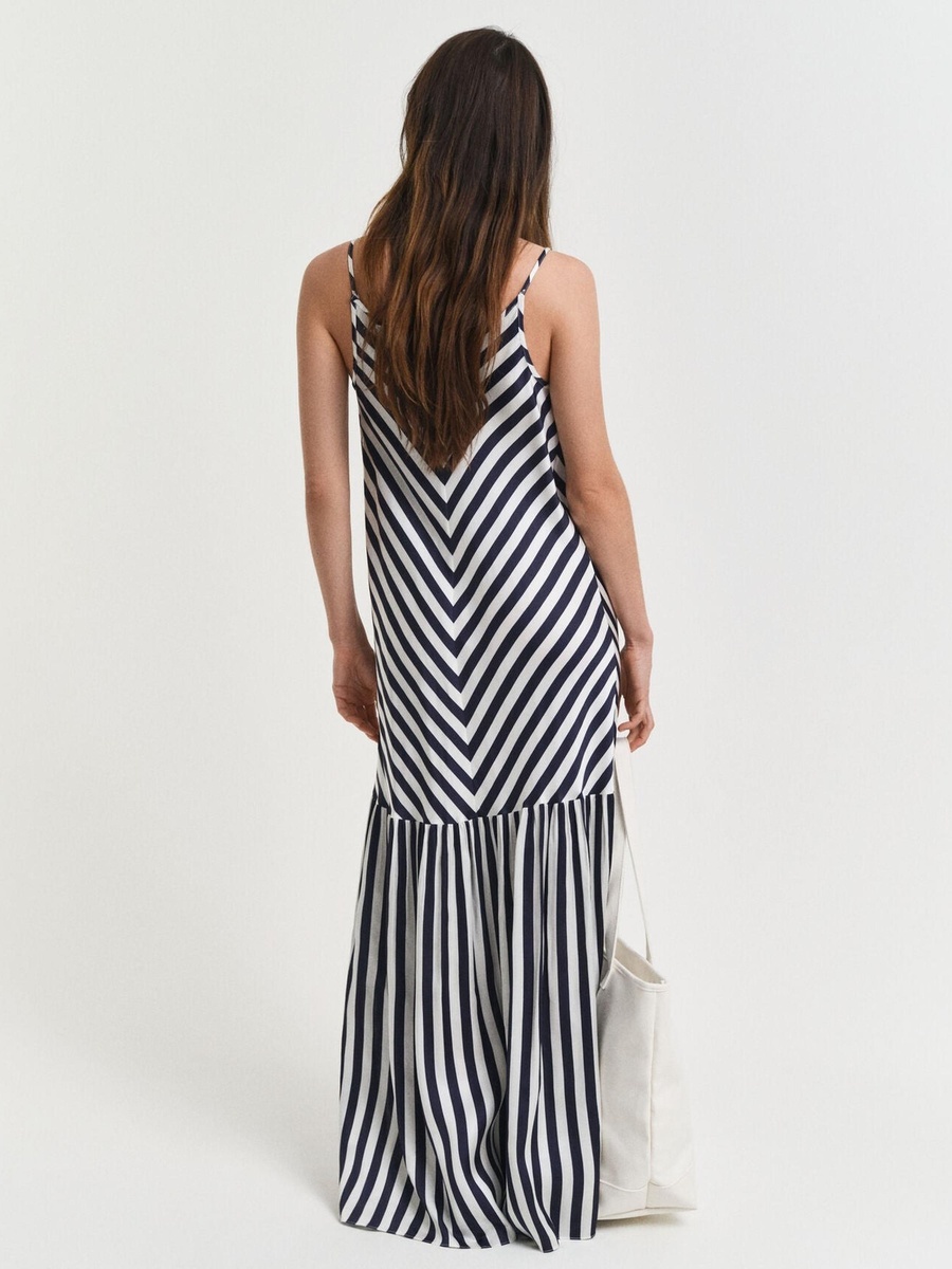 Blue Chevron Striped Strappy Maxi Dress