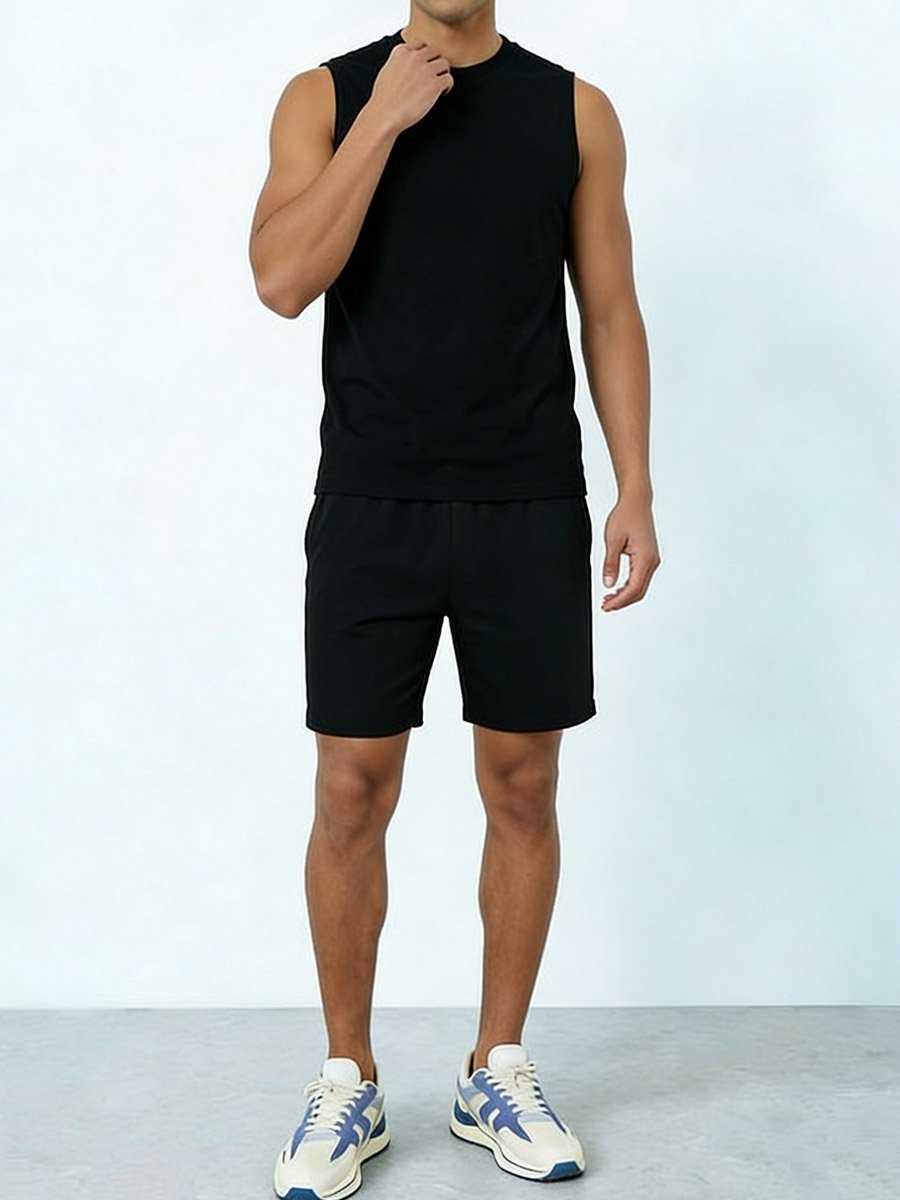 Men Solid Sleeveless Tank and Shorts Set