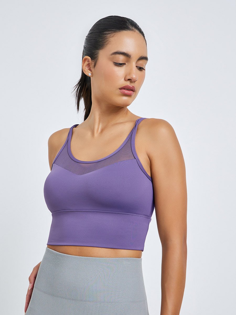 Purple Mesh Back Cross Over Peep Sports Bra - Medium Support
