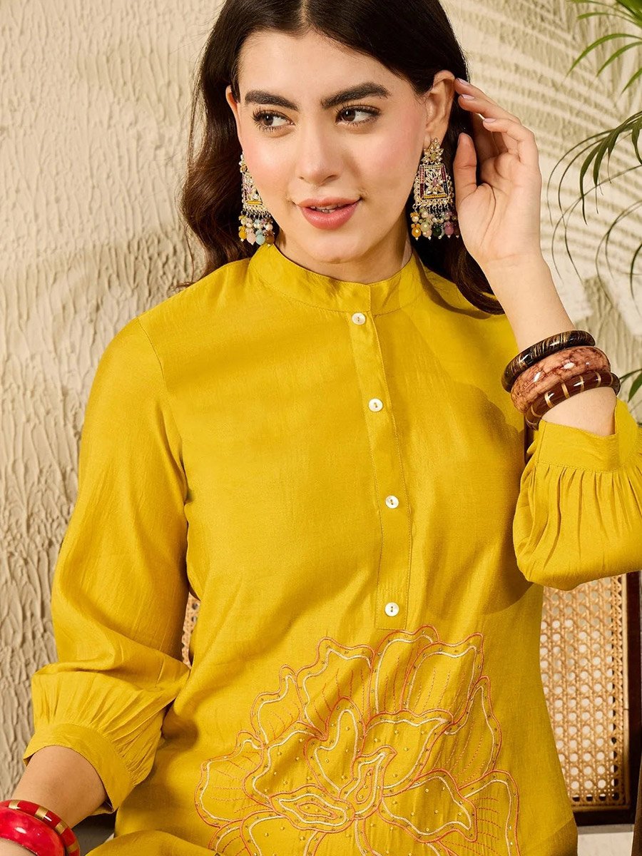 Mustard Silk Blend Embroidered Shirt and Pants Co-Ords Set