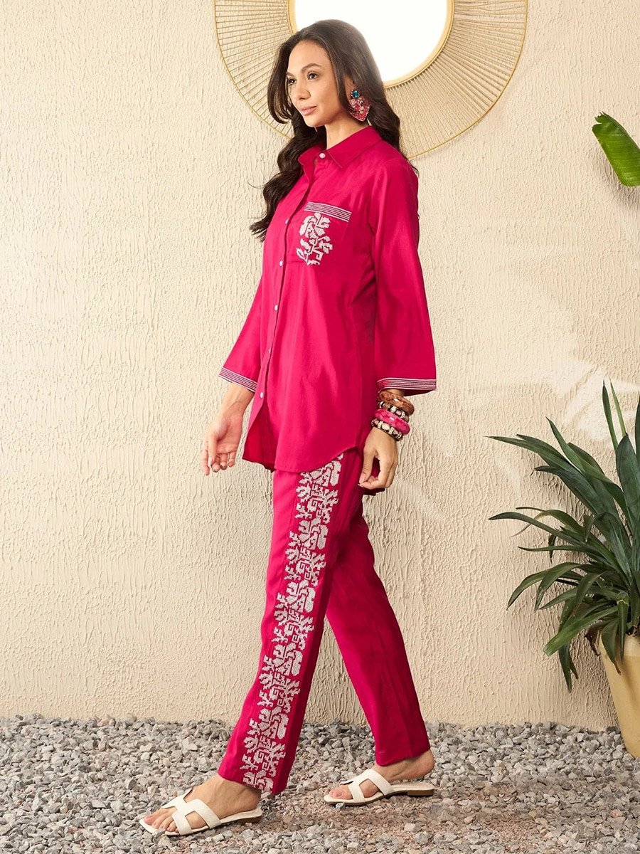 Pink Silk Blend Embroidered Shirt and Pants Co-Ords Set