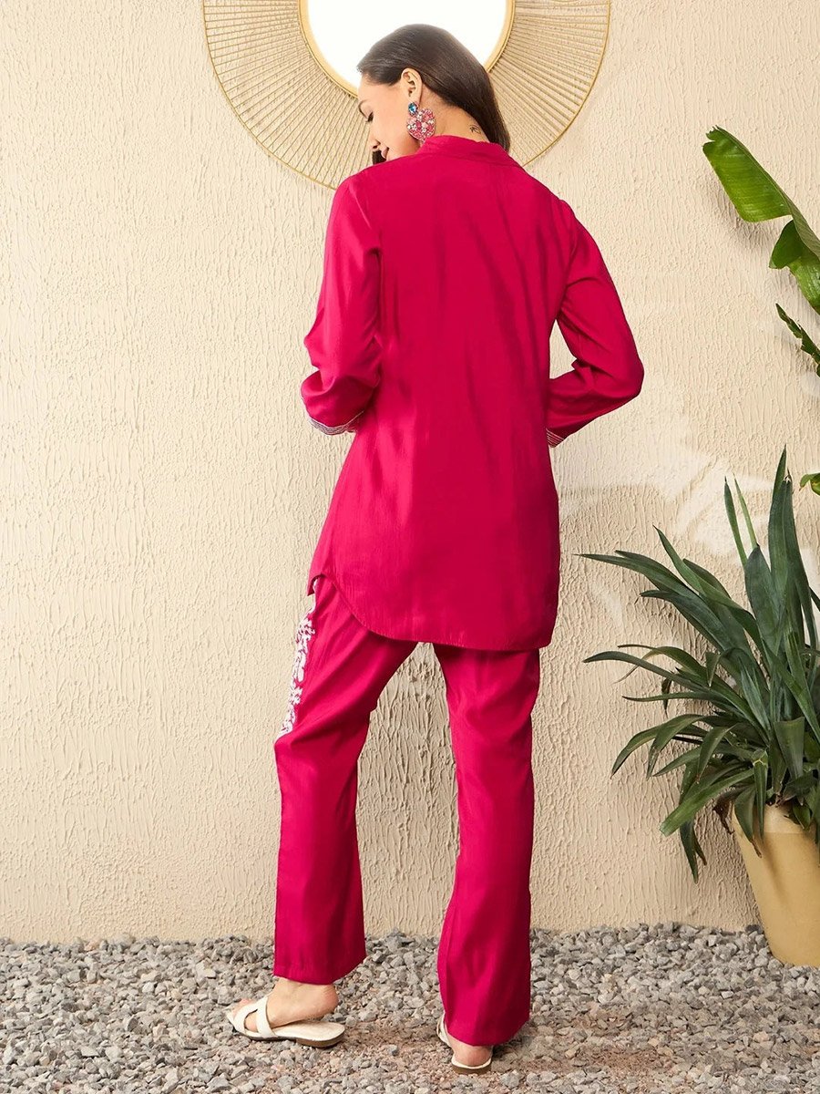 Pink Silk Blend Embroidered Shirt and Pants Co-Ords Set