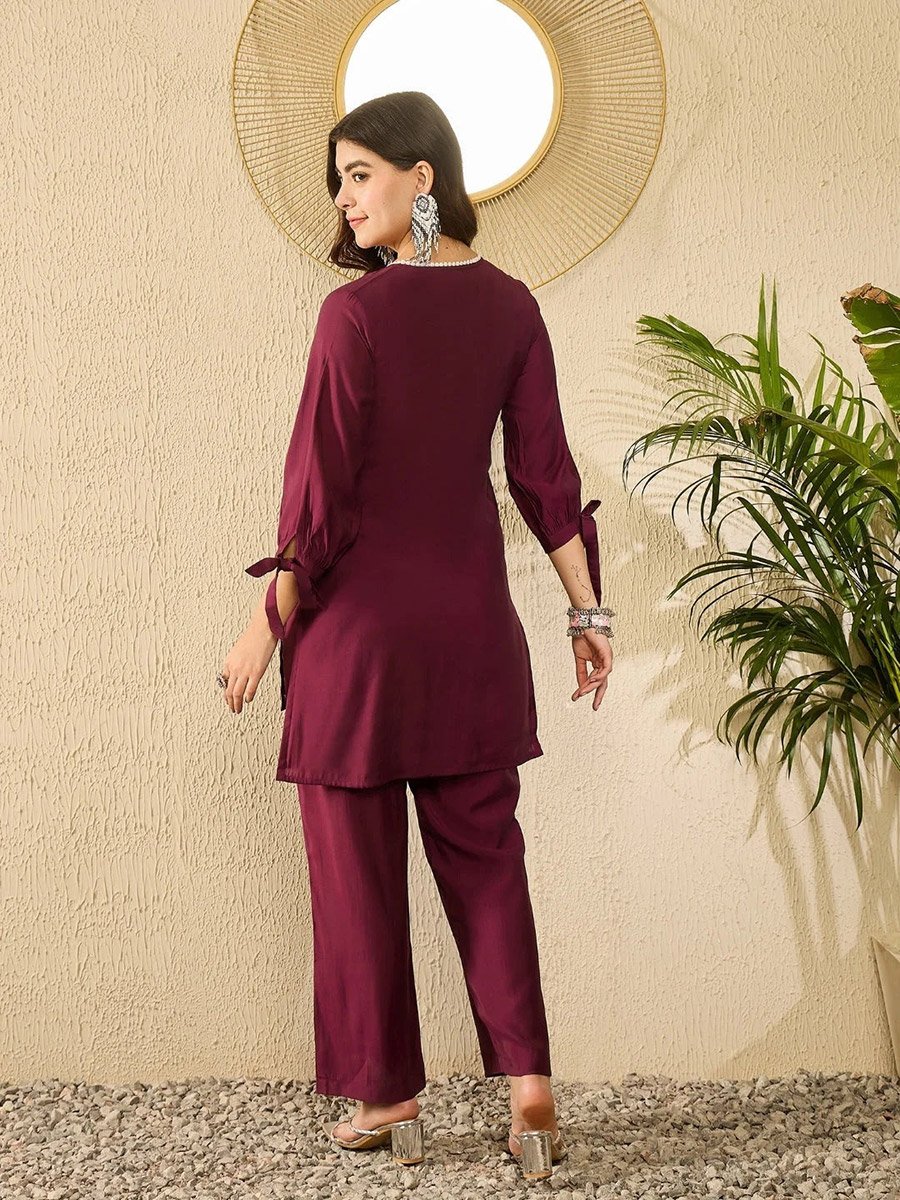 Burgundy Embroidered Longline Top and Pants Co-ord Set