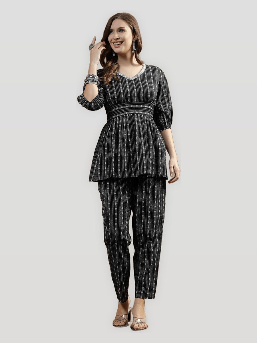 Black V Neck Cotton Top and Pants Co-Ord Set