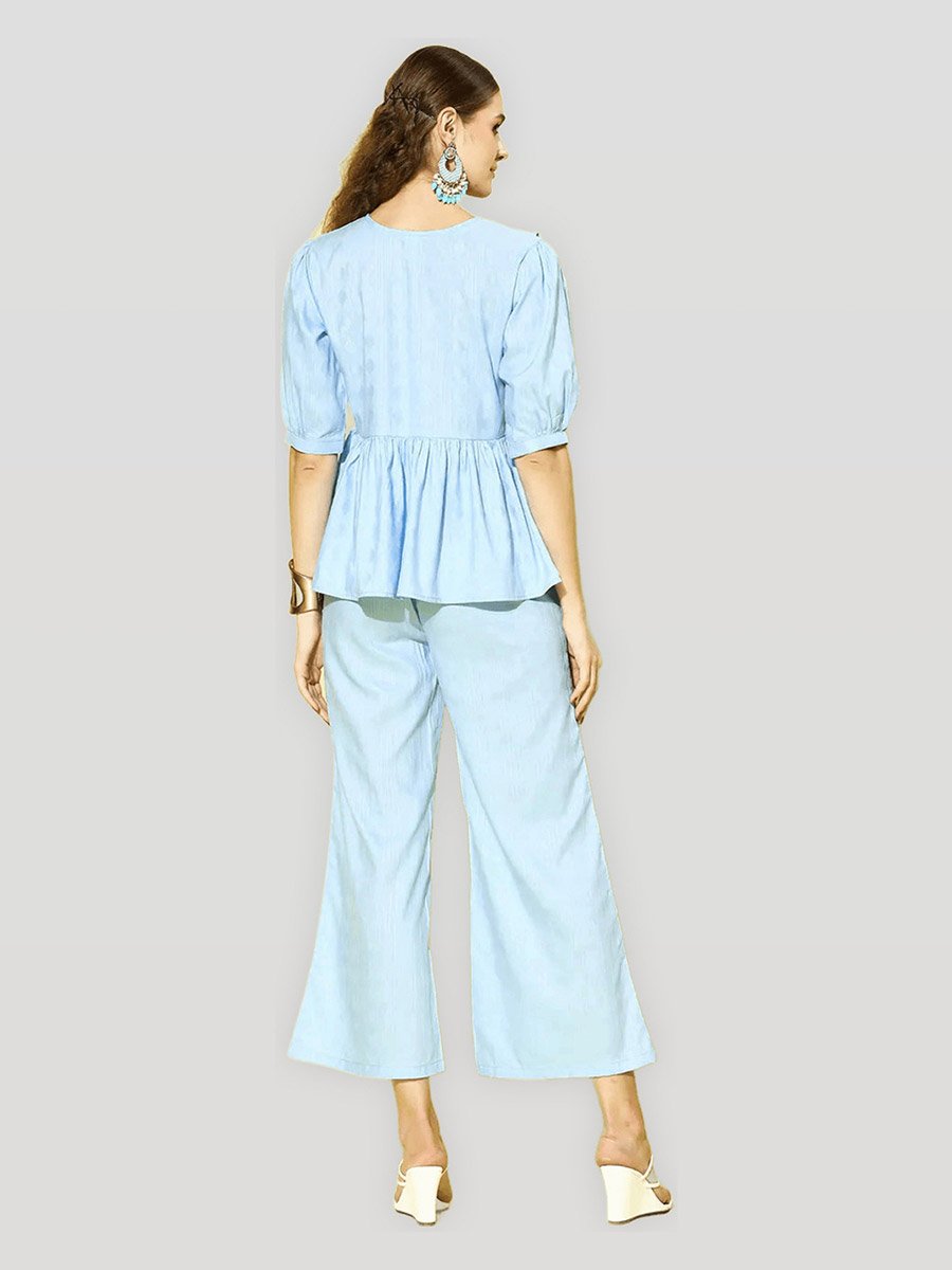 Blue Ruffled Panel Top and Pants Co-ord Set