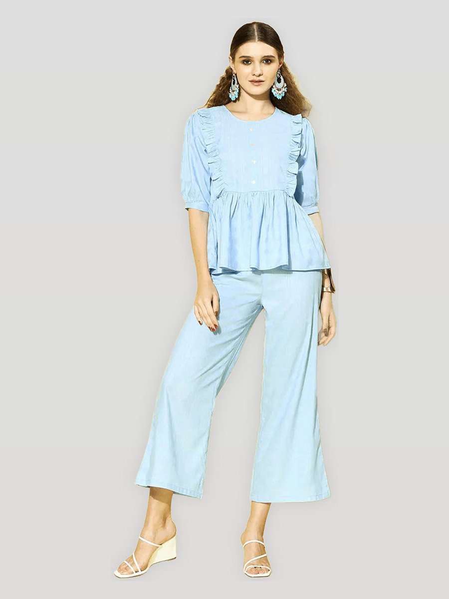 Blue Ruffled Panel Top and Pants Co-ord Set