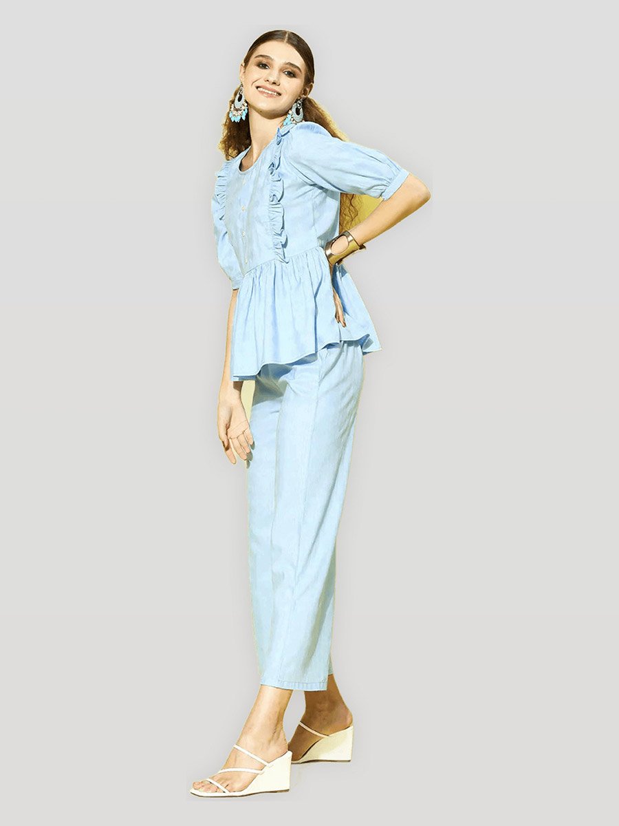 Blue Ruffled Panel Top and Pants Co-ord Set