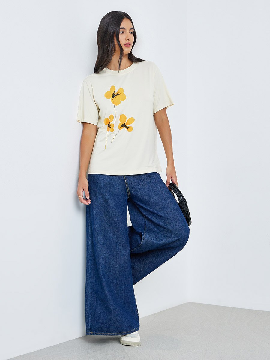 Beige Floral Graphic Print T-Shirt