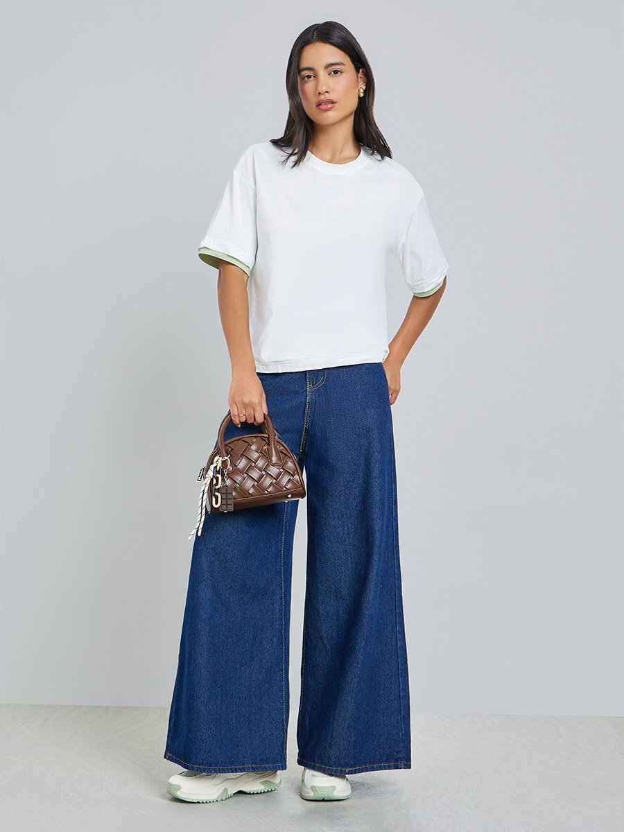White Solid Contrast Trim Oversized T-Shirt