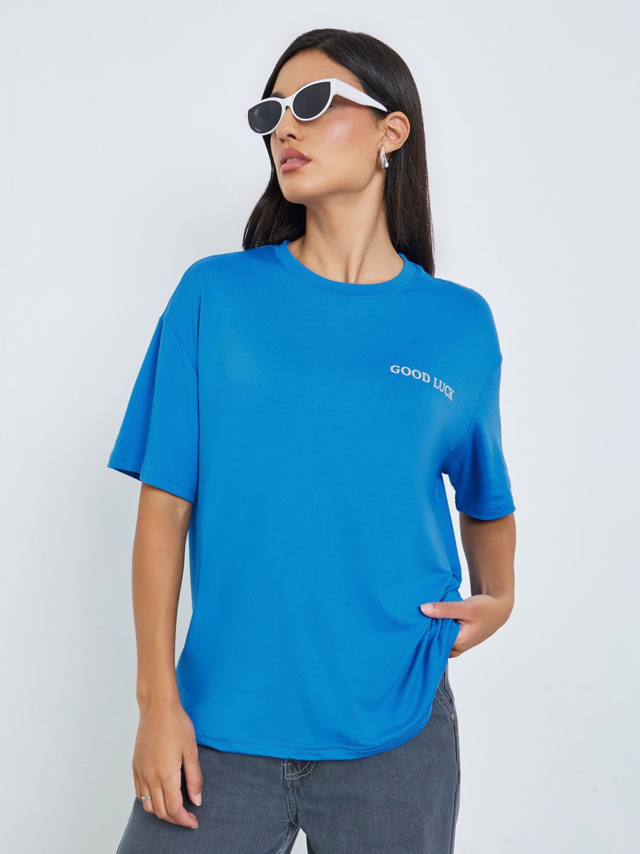 Blue Slogan Print Oversized Round Neck T-Shirt