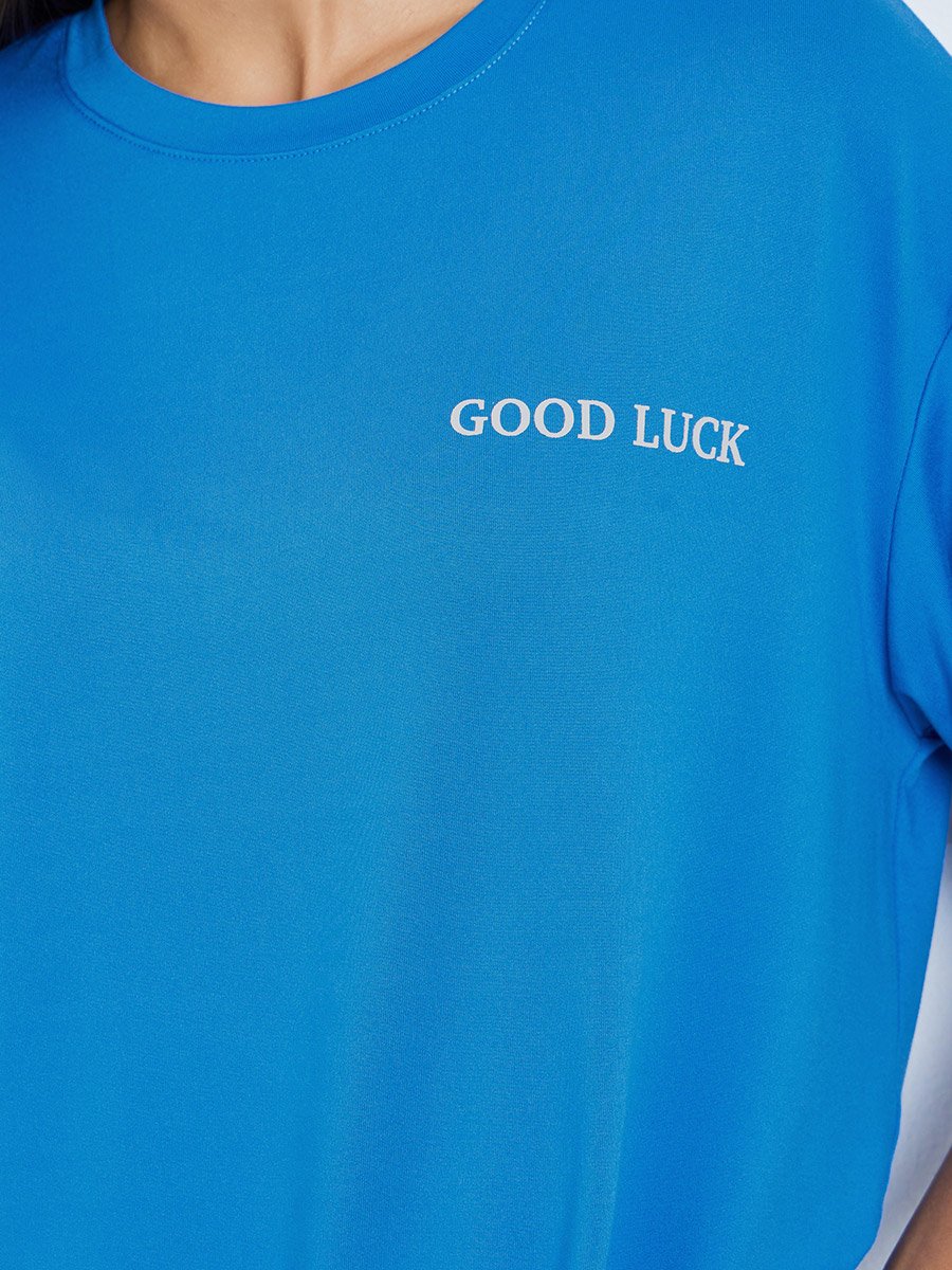 Blue Slogan Print Oversized Round Neck T-Shirt