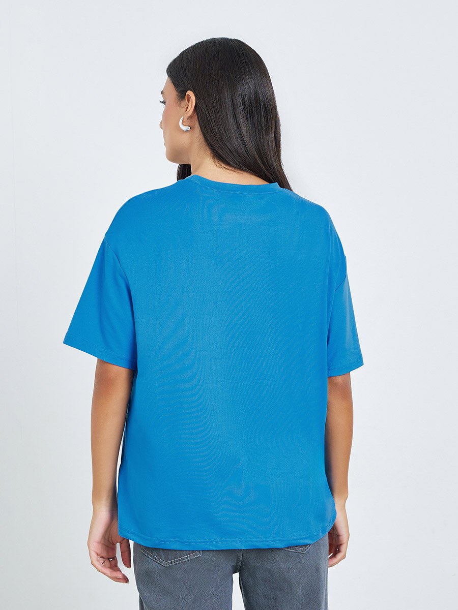 Blue Slogan Print Oversized Round Neck T-Shirt