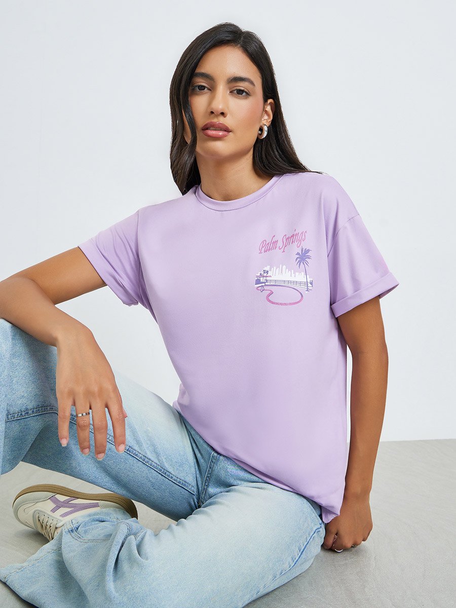 Purple Palm Print T-Shirt with Turn-Up Sleeve