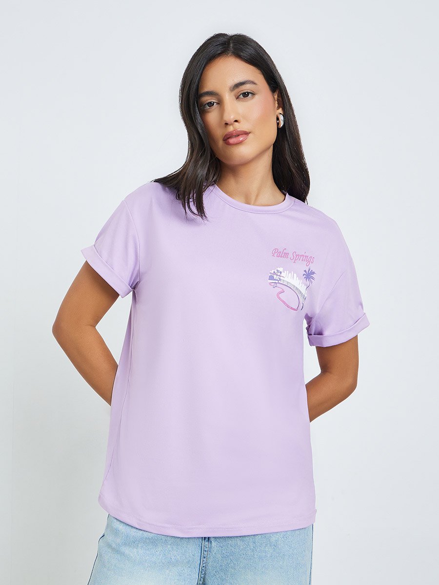 Purple Palm Print T-Shirt with Turn-Up Sleeve