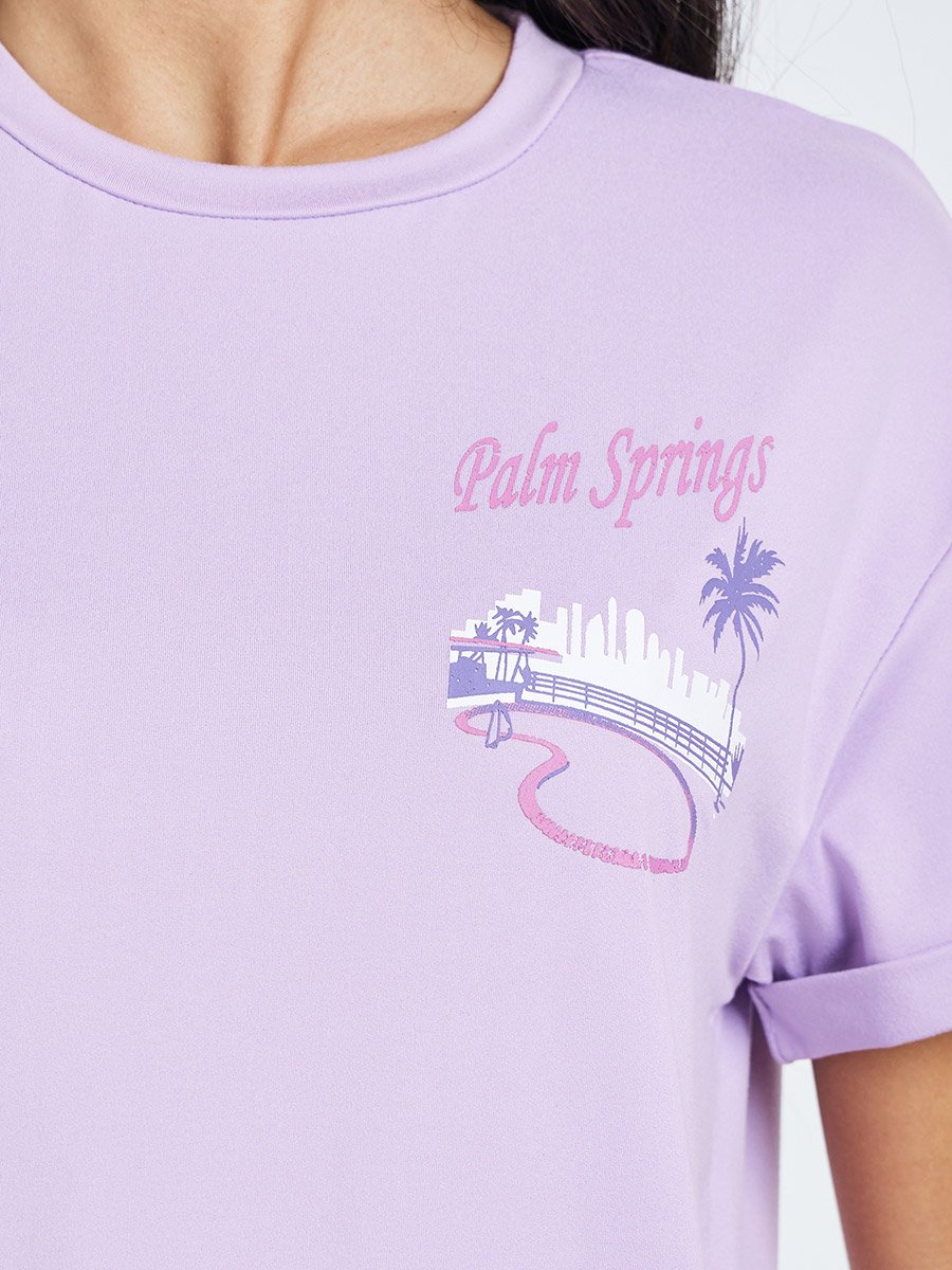 Purple Palm Print T-Shirt with Turn-Up Sleeve