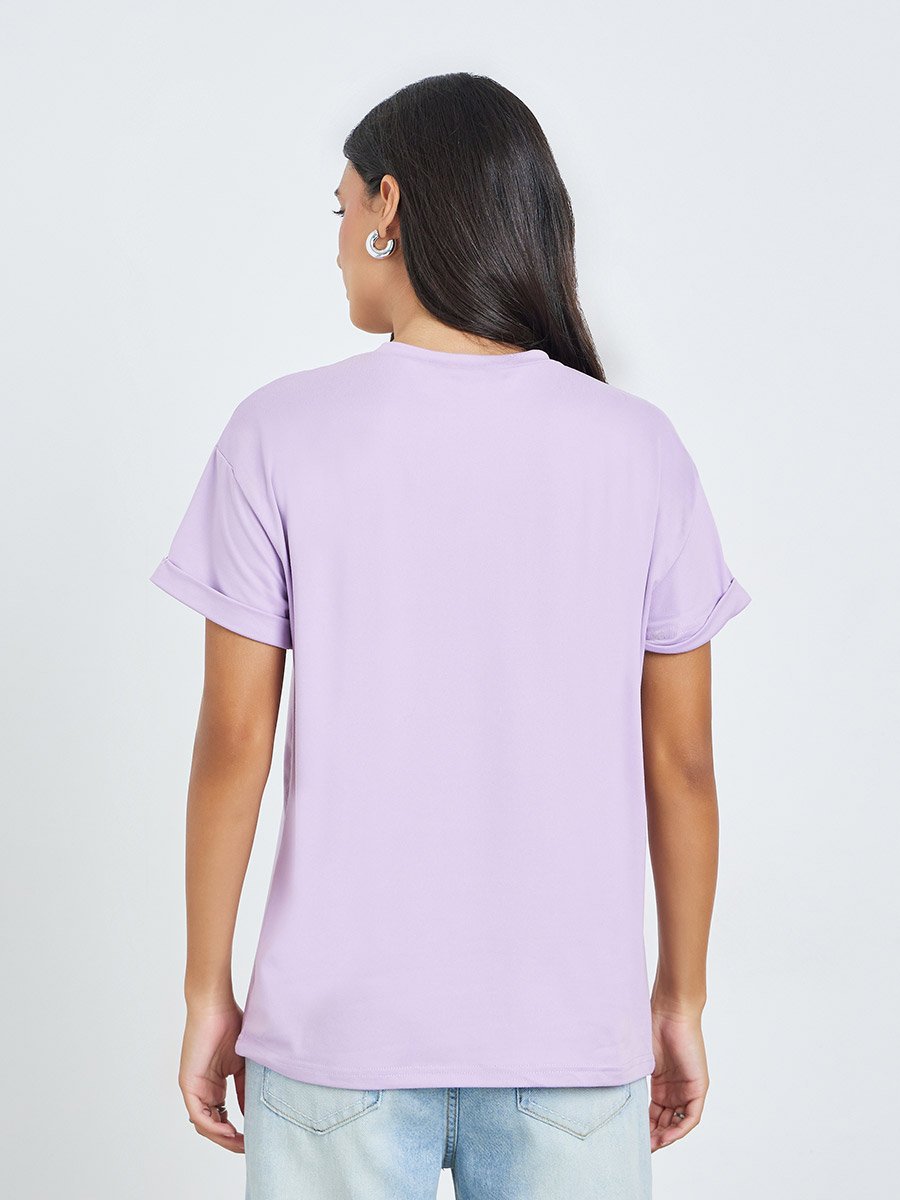 Purple Palm Print T-Shirt with Turn-Up Sleeve