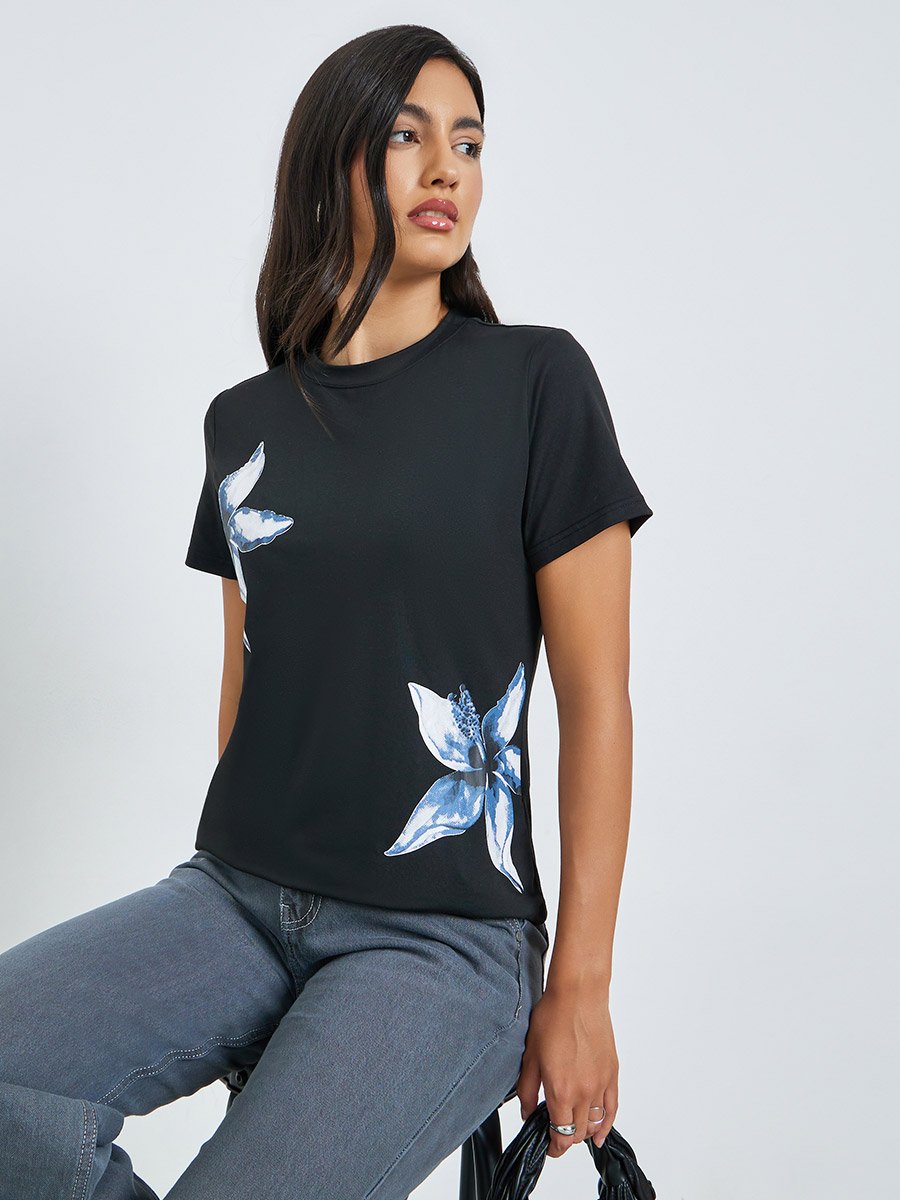 Black Floral Print Short Sleeve T-Shirt