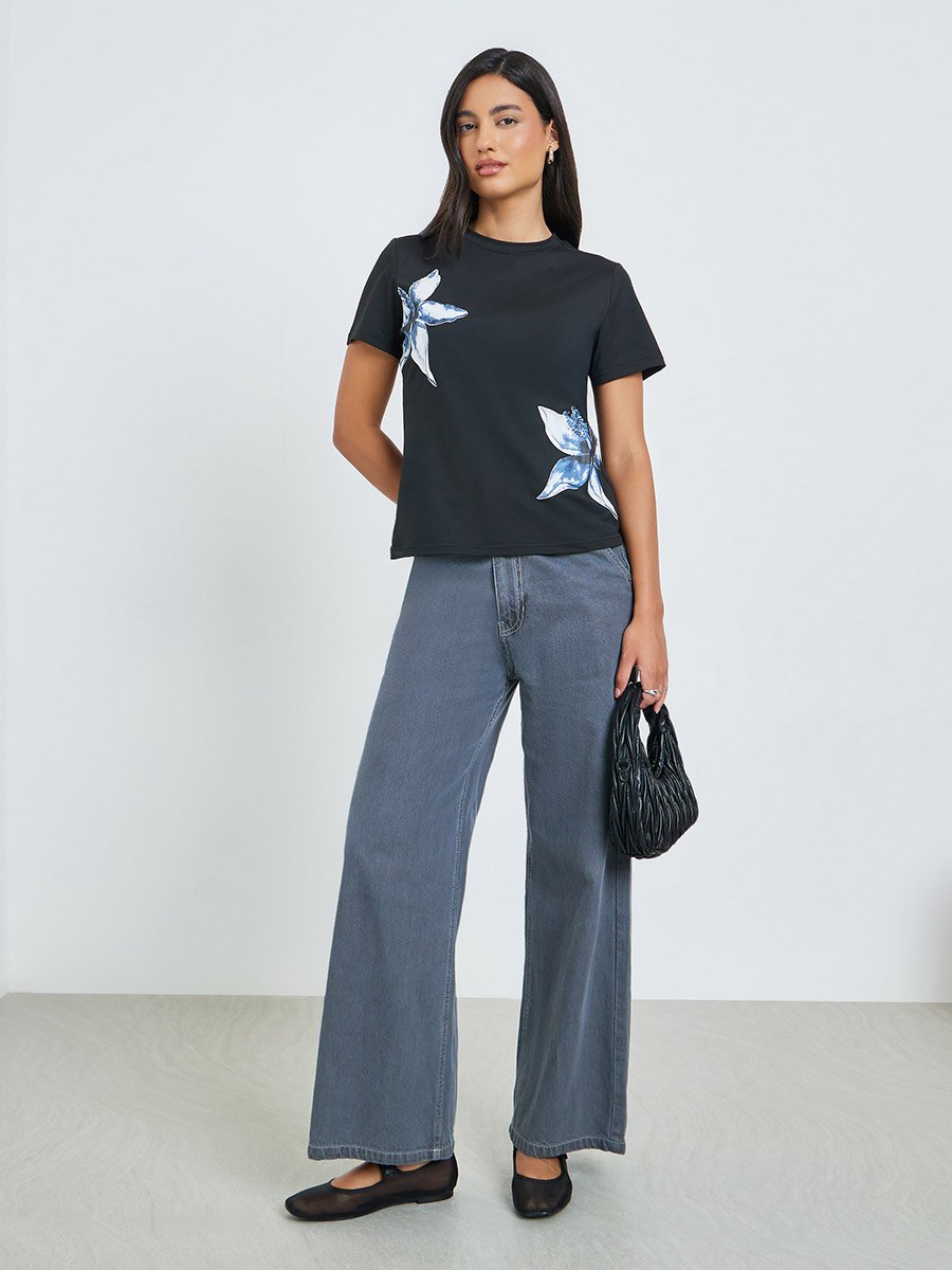 Black Floral Print Short Sleeve T-Shirt