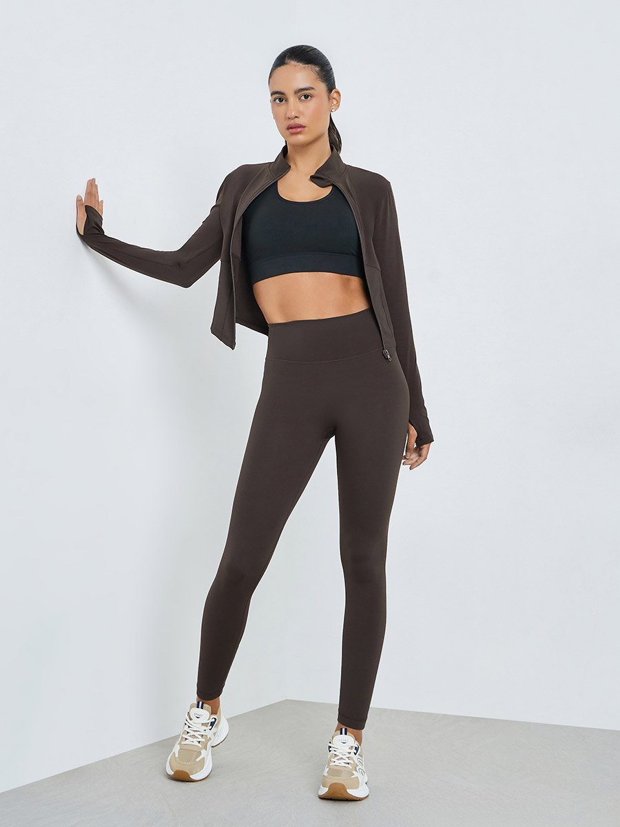 Brown Half Panel Rib Textured Full Zip Up Jacket and Leggings Set