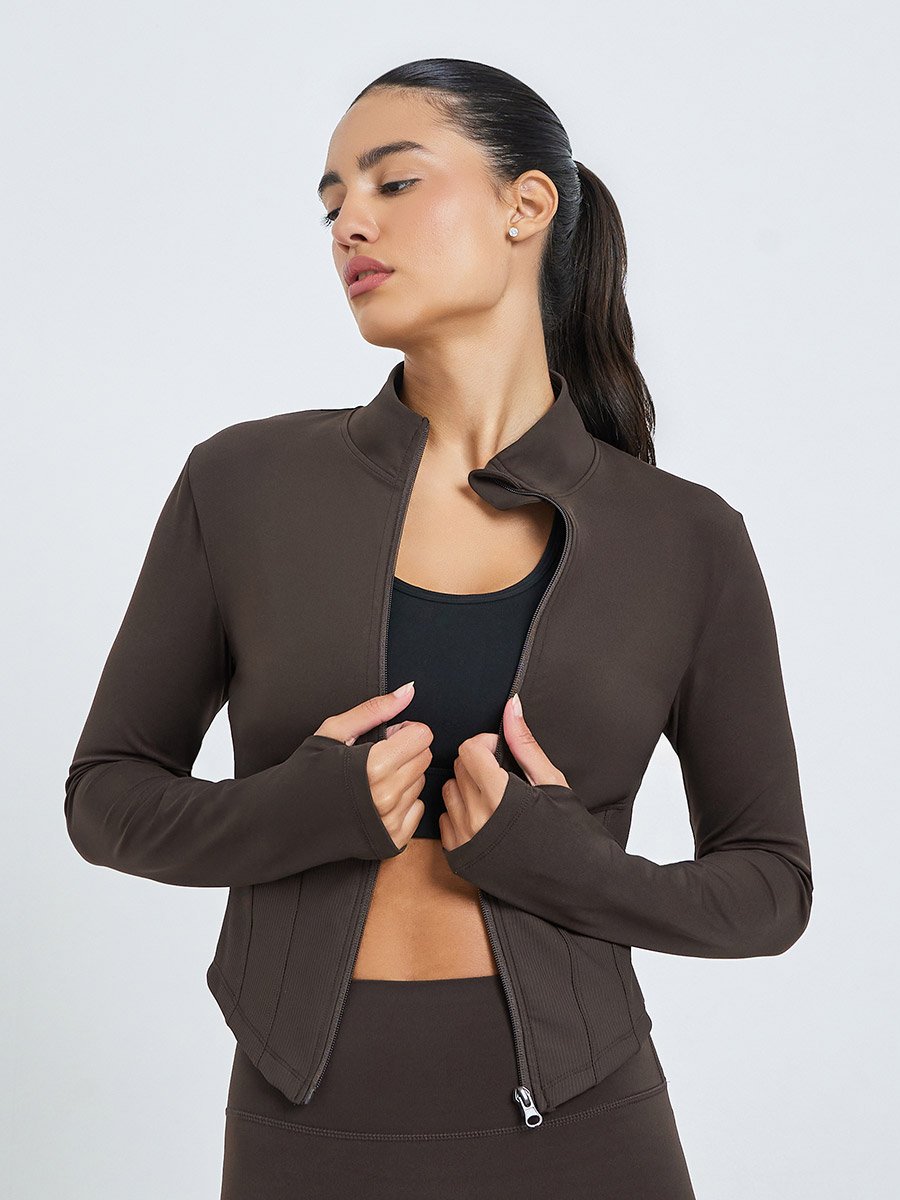 Brown Half Panel Rib Textured Full Zip Up Jacket and Leggings Set