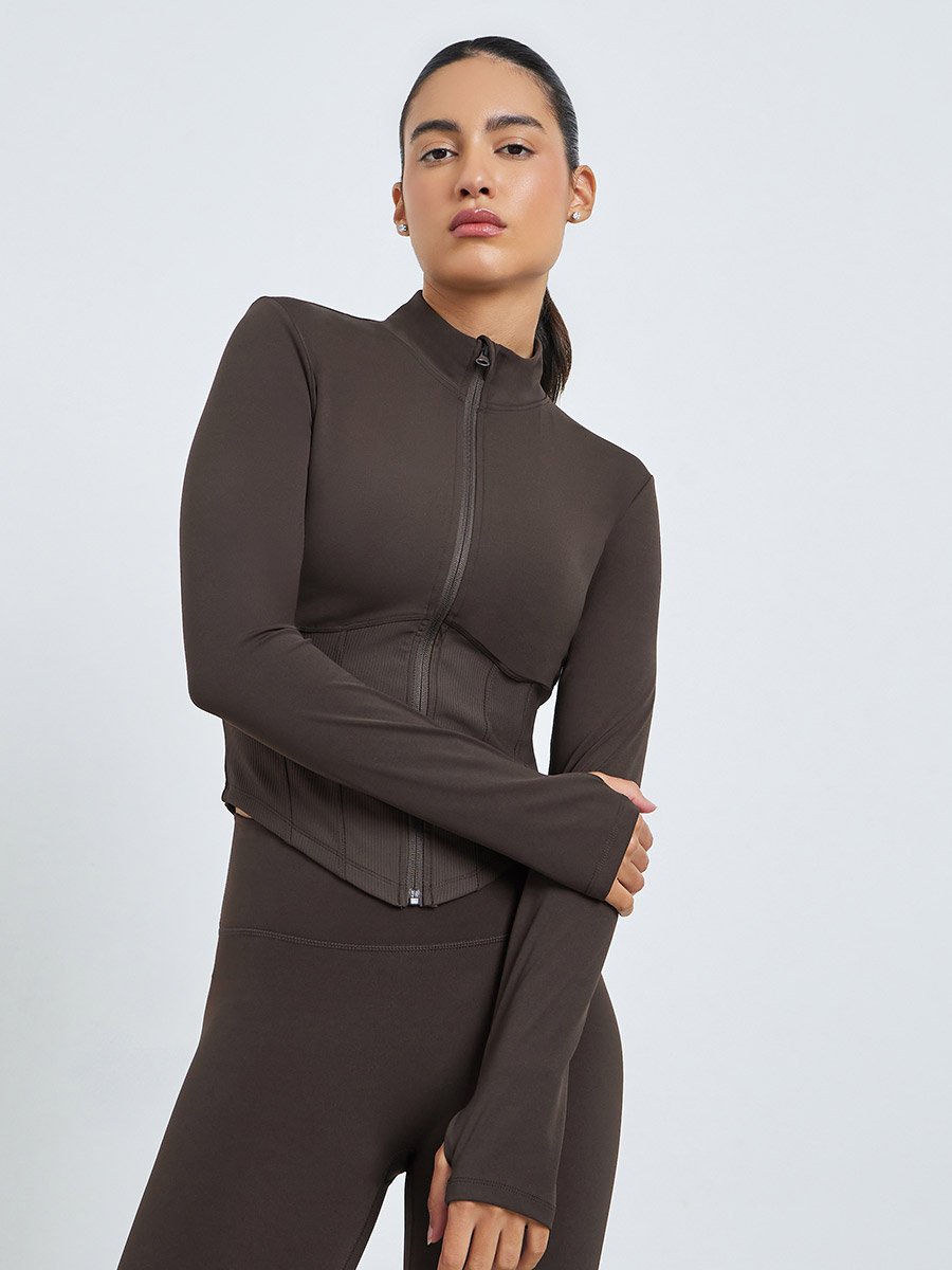 Brown Half Panel Rib Textured Full Zip Up Jacket and Leggings Set